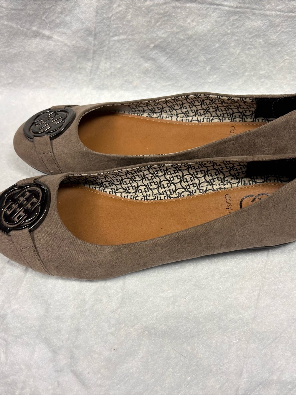 Daisy Fuentes Taupe Suede Flats with Silver Medallion - Picture 2 of 8